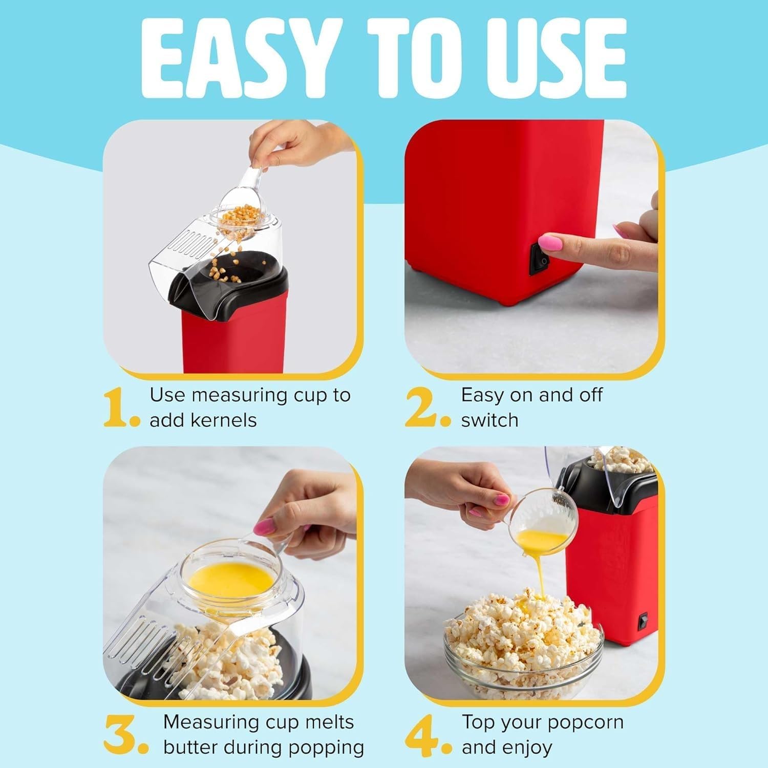 Velcon Mart hot air popcorn maker with stainless steel body and transparent lid for easy viewing during popcorn popping process.